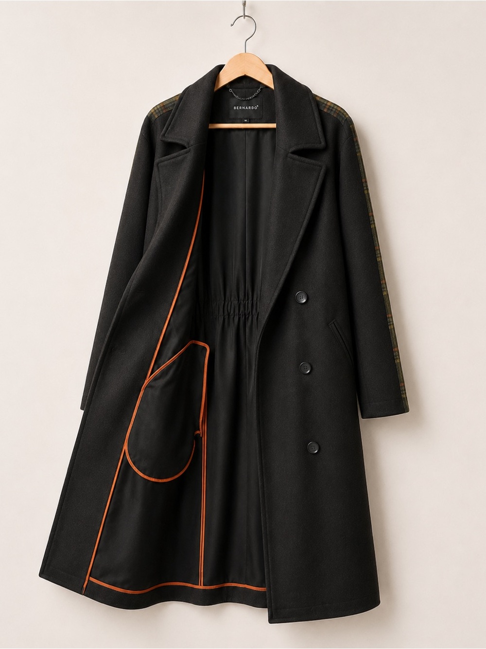 Bernardo Brown Wool Blend Coat with Green and Orange Plaid in the back - Picture 2 of 6